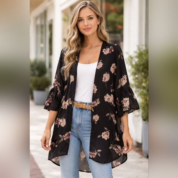 Charlotte Russe Tops - Black Floral Kimono Cardigan Duster | Boho Lightweight Layering Top | Women's